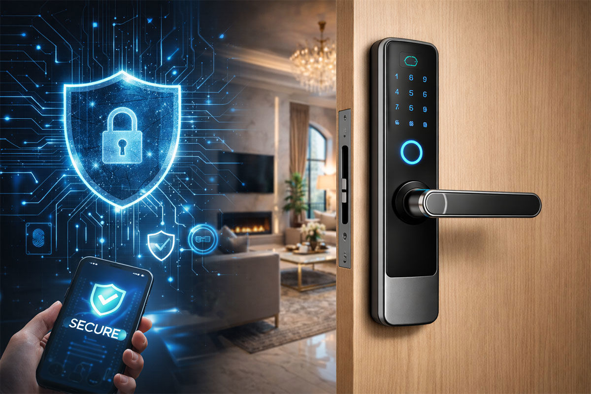 قفل دیجیتال هوشمند روی درب ورودی خانه مدرن با نمایش مفاهیم امنیت و کنترل دسترسی